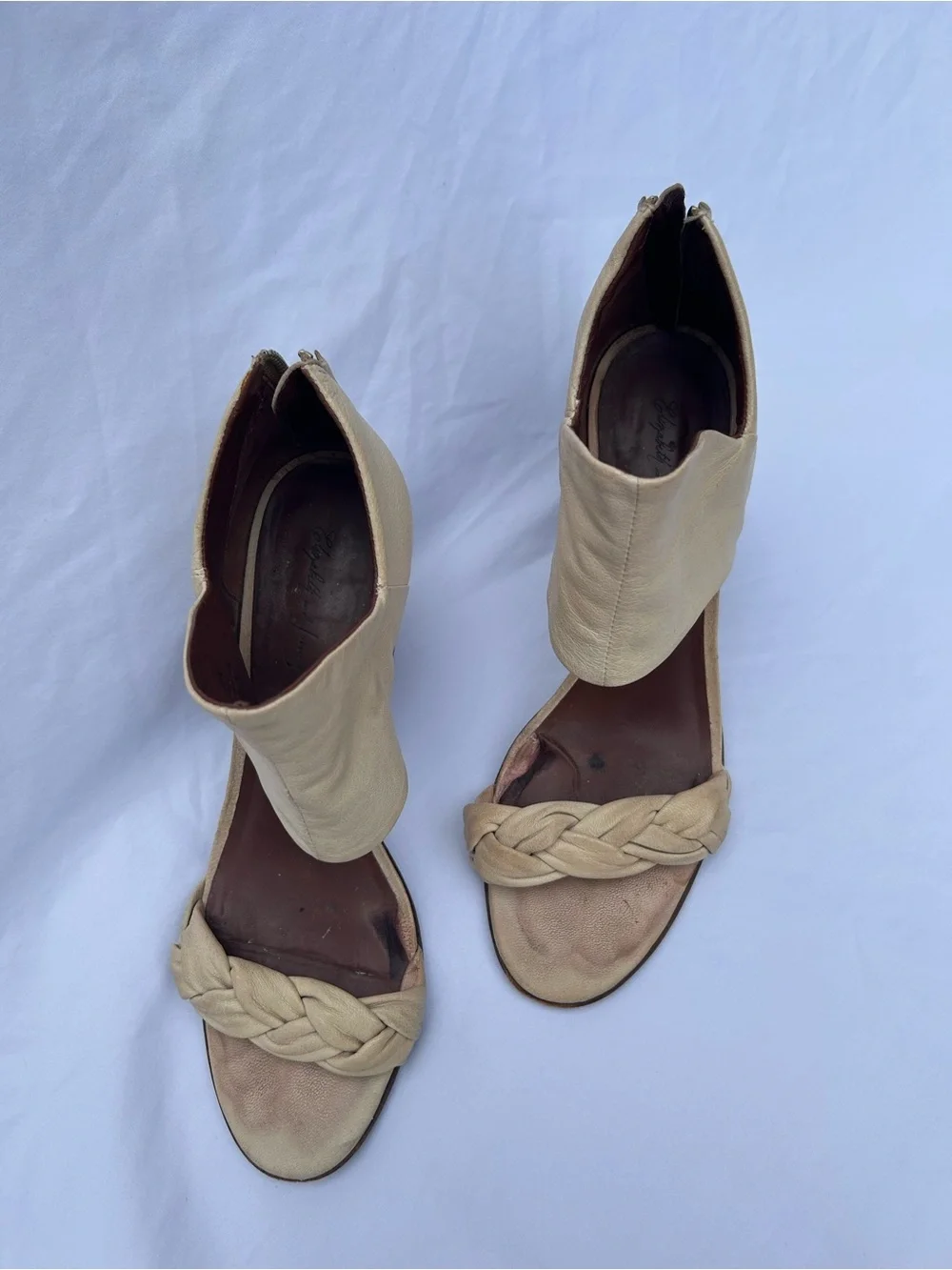 Elizabeth and James Cream Braided Open-Toe Block Heel Sandals